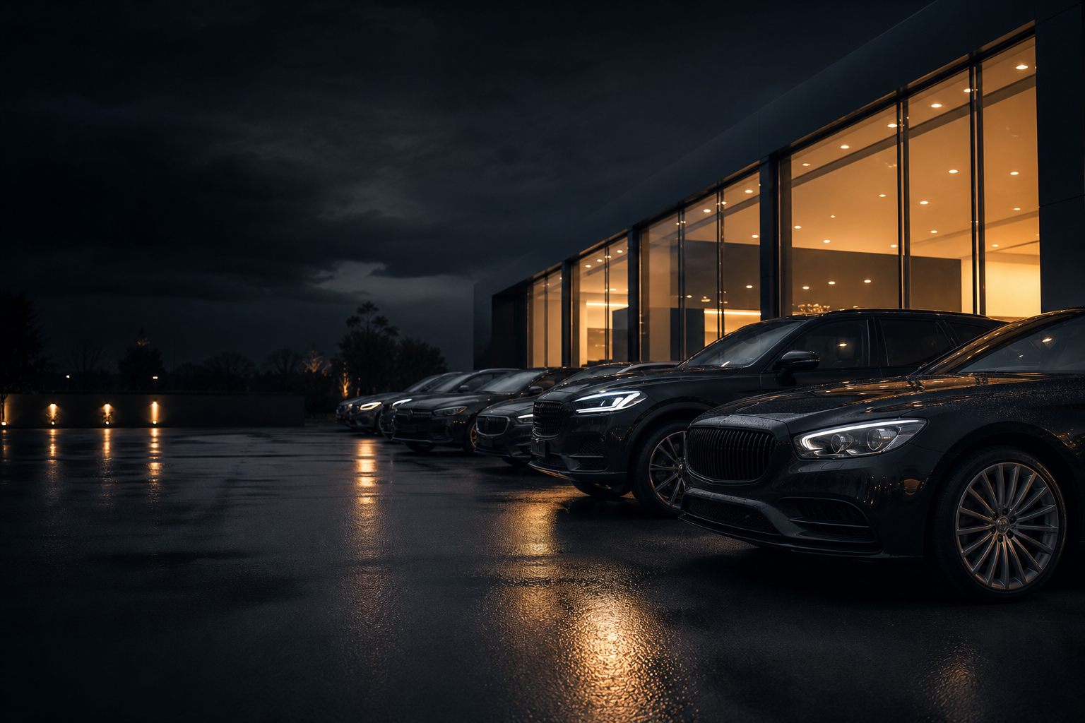 A premium UK dealership forecourt at night