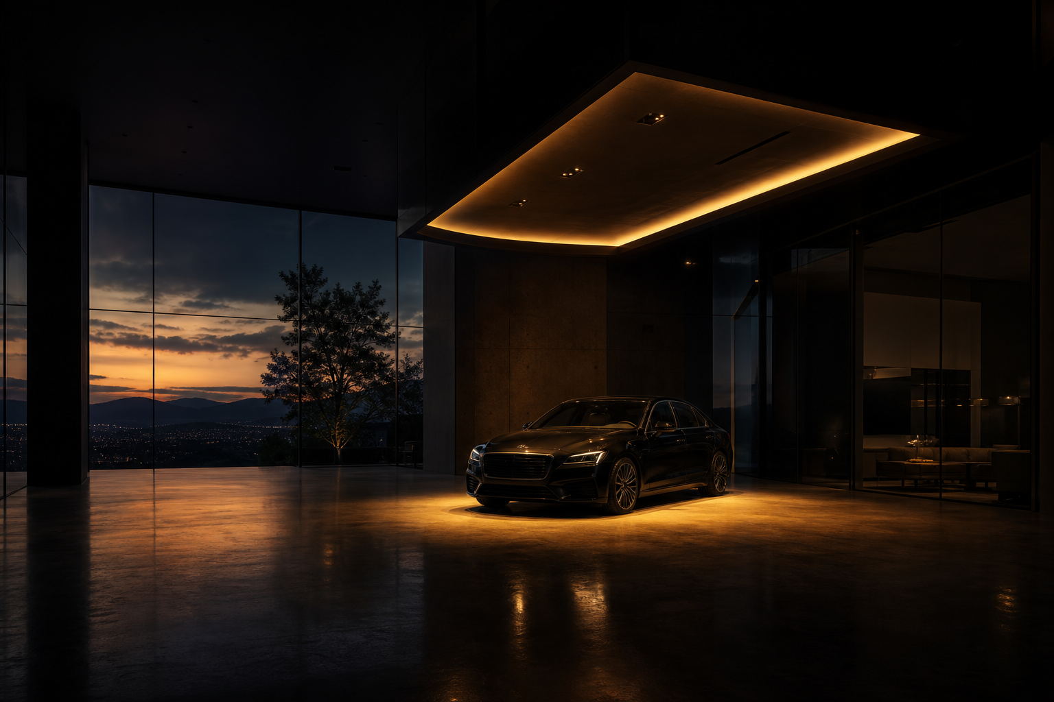 A premium car showroom interior at dusk